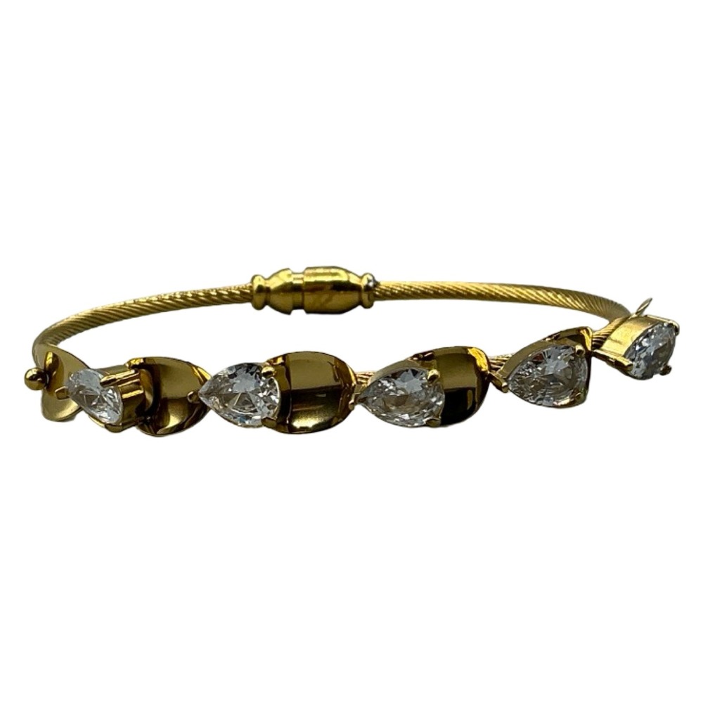 KIVU ZIVU Gold Tone Twisted Cable Bangle Bracelet Pear Cut CZ Magnetic